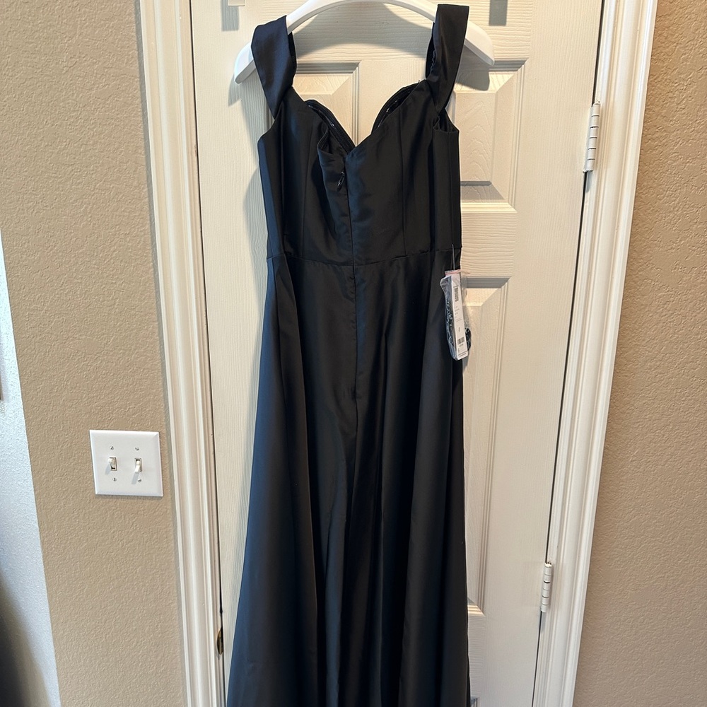 Azazie—“Barbie” Black A-line off the shoulder satin convertible dress